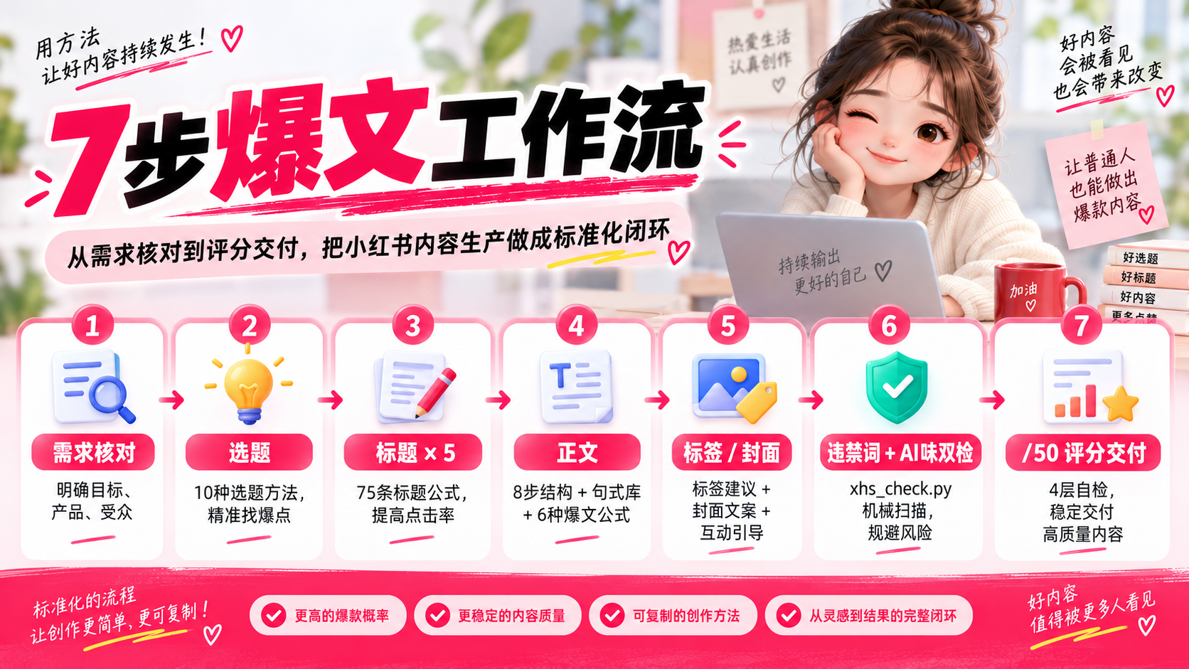小红书爆文7步工作流:需求核对、选题、标题、正文、标签封面、违禁词与AI味双检、评分交付